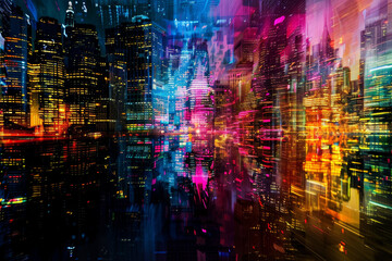 A cityscape with a bright neon city skyline