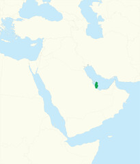 Green detailed blank political map of QATAR with black borders on beige continent background and blue sea surfaces using orthographic projection of the Middle East