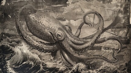 A dramatic illustration of an octopus attacking a ship. Suitable for marine themed designs
