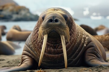 A walrus lounging on the beach with other animals in the background. Perfect for nature and wildlife themes