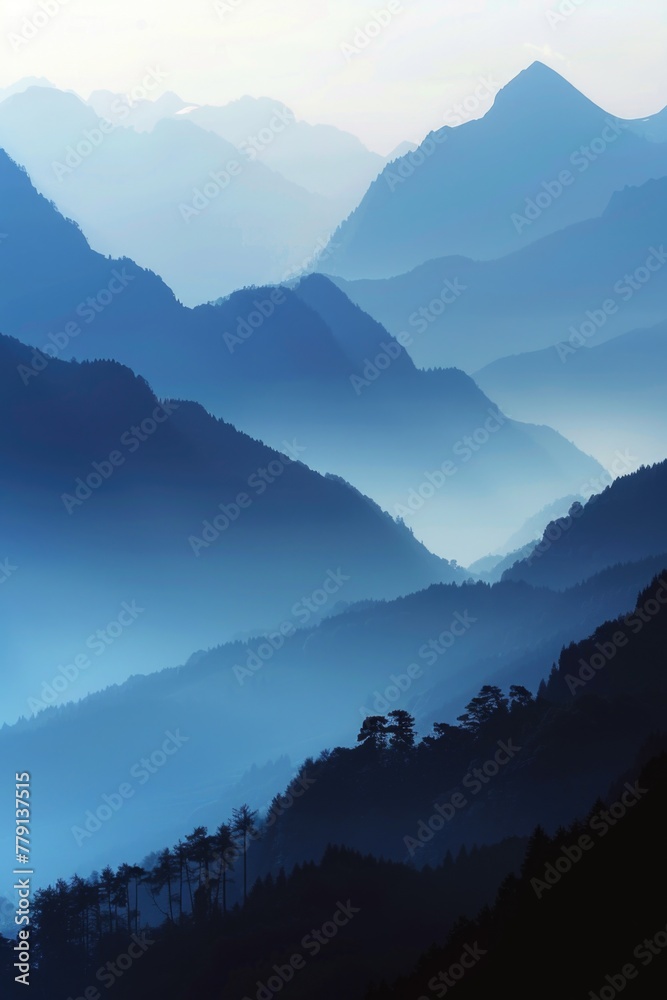 Poster scenic mountain range with trees in the foreground. perfect for nature and landscape concepts