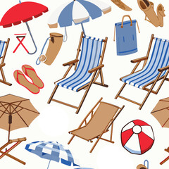A collection of diverse visuals featuring beach chairs, sun loungers, sun umbrellas, and sand mats, showcasing the variety and options available for a relaxing beach experience.