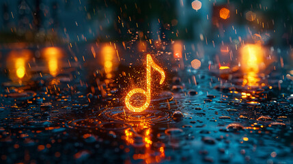 Music note, Sculpture, Mythical being, Creating harmonious melodies, Rainy day, 3D render,...