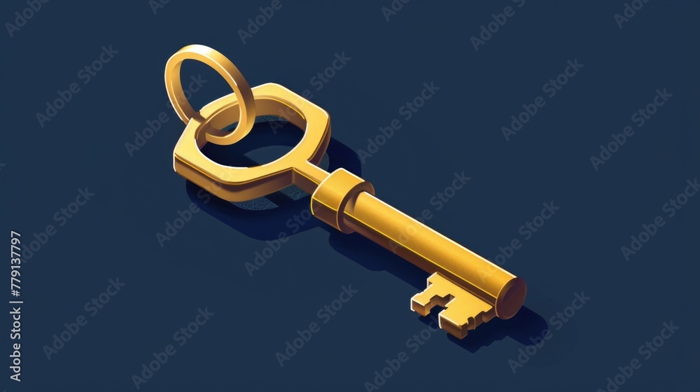 Poster A golden key resting on a blue surface. Perfect for various concepts and designs