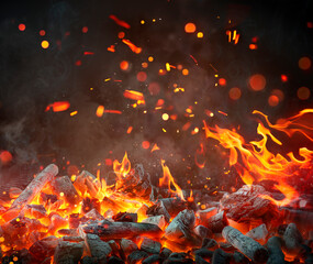Charcoal For Barbecue Background - Hot Flames And Abstract Defocused Sparks
- 779137719