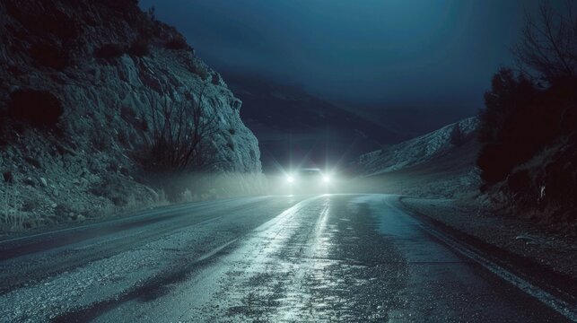 A car driving down a road at night. Perfect for travel blogs or road trip advertisements