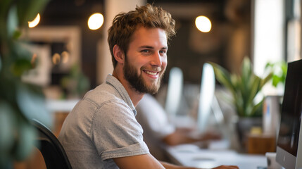 A man happily engaged in work within an office setting radiating positivity.