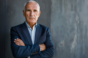 Obraz premium A man in a suit stands with his arms crossed