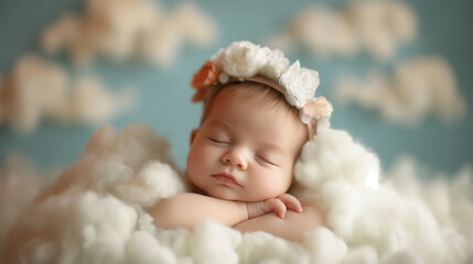 Adorable baby sleeping serenely on cloud like bedding evoking tranquility and innocence