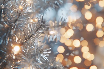Close up of a Christmas tree with lights in the background. Suitable for holiday and festive concepts