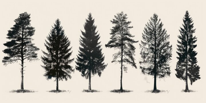A black and white photo of a row of trees. Suitable for nature or minimalist design projects