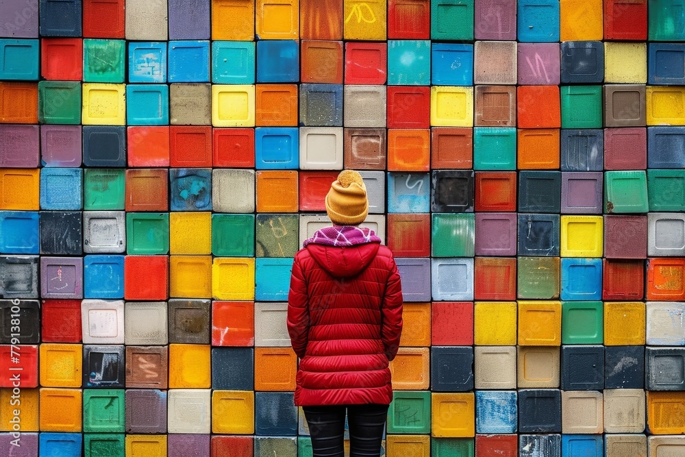 Aufkleber A person stands confidently in front of a strikingly colorful wall, their vibrant and dynamic energy matching the bold hues surrounding them