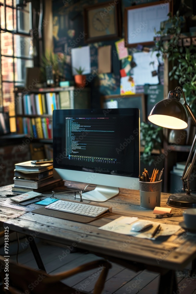 Poster a computer monitor on a wooden desk, ideal for office or technology concepts