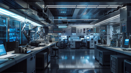 A state-of-the-art semiconductor research and development center with scientists' workstations and advanced testing equipment