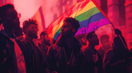 African American individual holding an LGBTQ flag  symbolizing gay pride among black people - obrazy, fototapety, plakaty