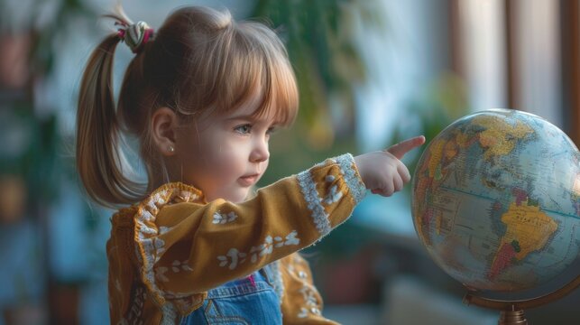 A little girl pointing at a globe on a table, suitable for educational concepts