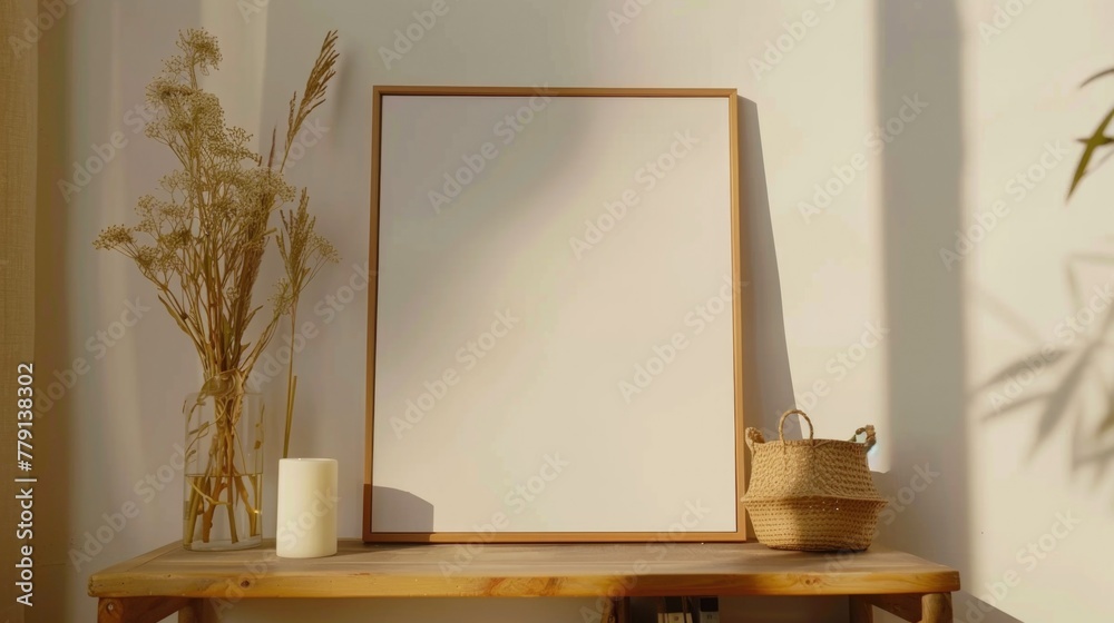 Poster a picture frame resting on a wooden table. suitable for home decor concepts