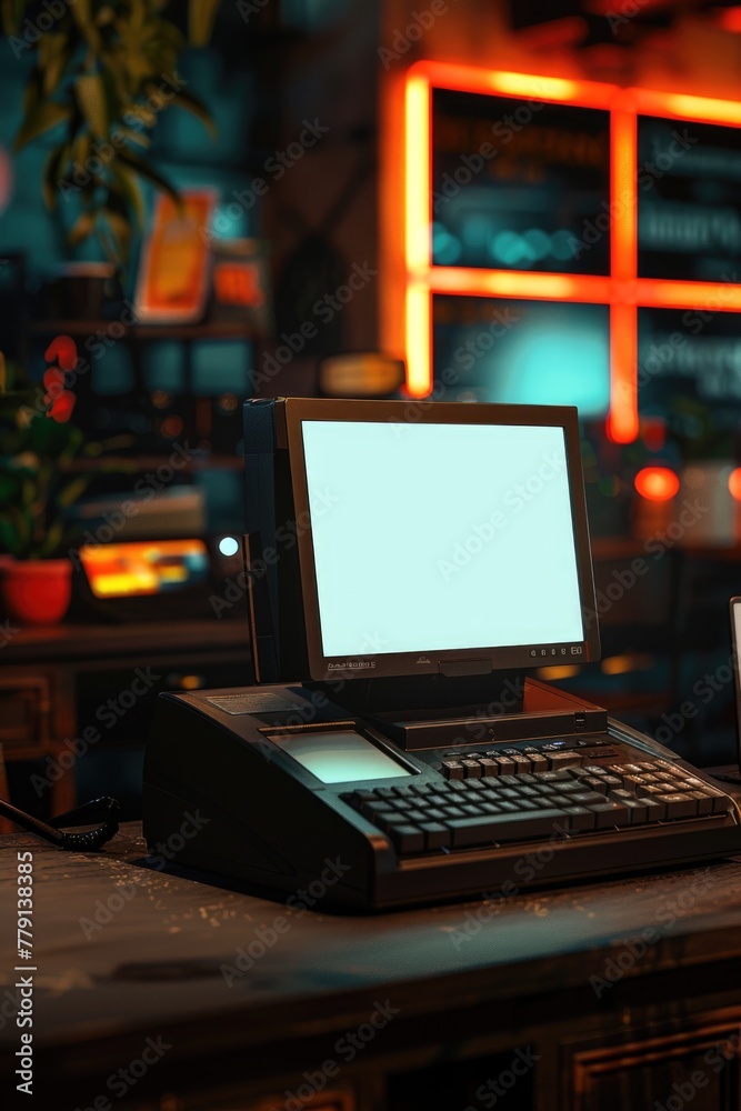 Aufkleber a modern laptop computer placed on a rustic wooden table. suitable for technology and work concept
