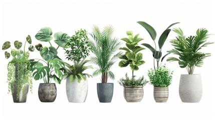 Obraz premium Group of potted plants on a plain white background. Suitable for interior design concepts