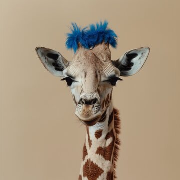 giraffe with blue fur on his neck 