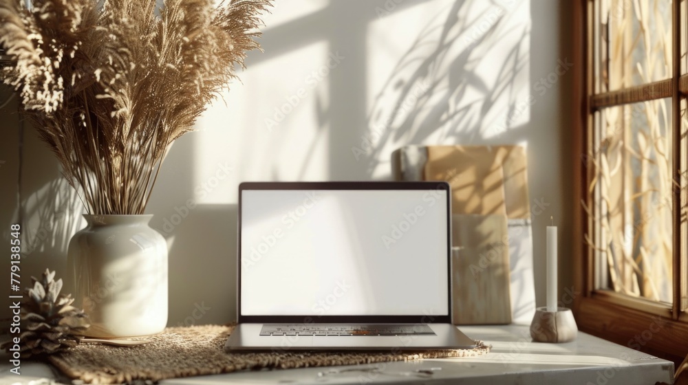 Aufkleber A laptop computer sitting on top of a table. Suitable for technology and workspace concepts