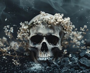 skull with dried flowers.