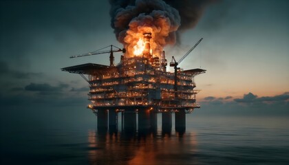 An offshore oil rig is ablaze with fire and smoke against a dusk sky.

 - obrazy, fototapety, plakaty