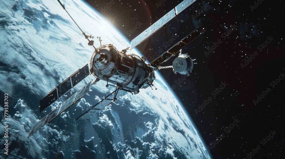 Poster A view of the earth from space with a satellite in the foreground. Ideal for science and technology concepts