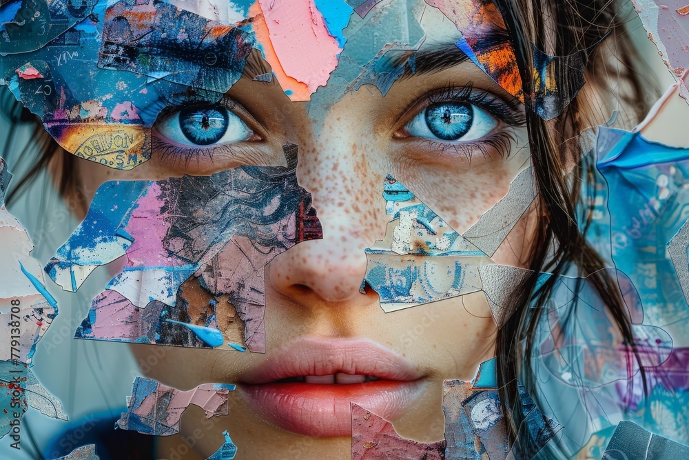 Poster A womans face is adorned with a mesmerizing collage of blue eyes, creating a stunning and captivating visual display