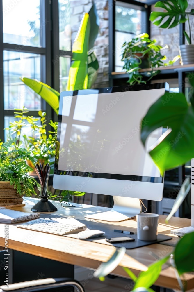 Aufkleber A computer monitor placed on a wooden desk. Suitable for technology and workspace concepts