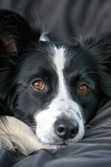 A peaceful black and white dog relaxing on a comfortable bed. Suitable for pet care and relaxation concepts