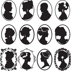 Female and Male faces silhouettes in vintage cameo on white background