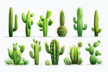 A variety of cactus plants on a white background. Ideal for botanical and desert-themed designs