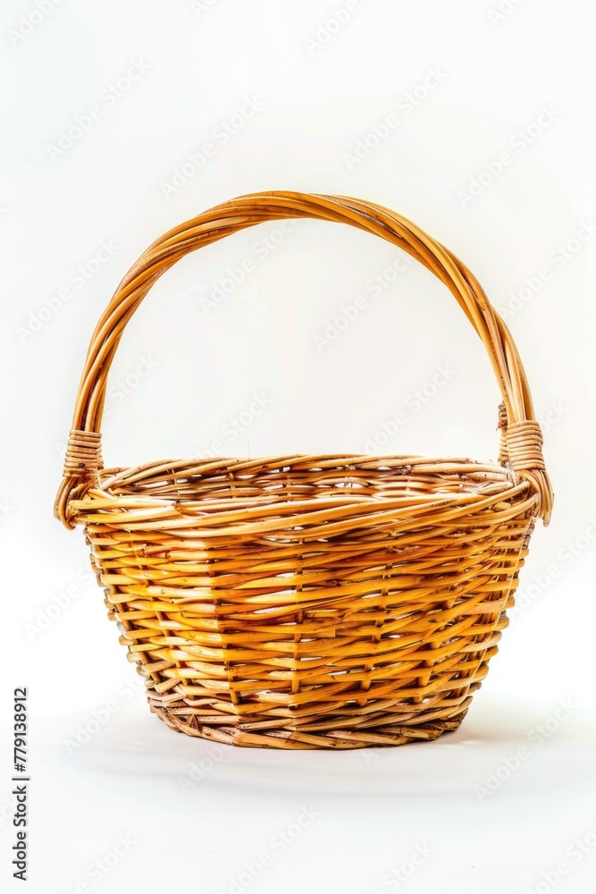 Poster a simple wicker basket on a plain white background. perfect for product displays