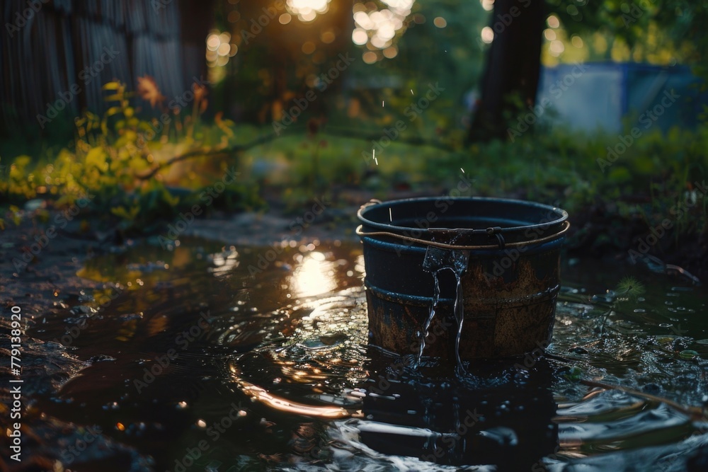 Poster a bucket sitting in a puddle of water. suitable for various concepts and designs