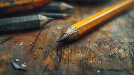 Close up of a pencil on a wooden table, suitable for educational and office themes - obrazy, fototapety, plakaty