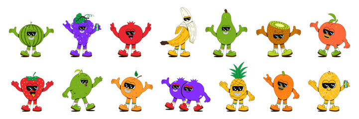 Set of fruit characters in retro groovy style. Vector illustration of fruit stickers with hands, feet and cute faces on a white isolated background.