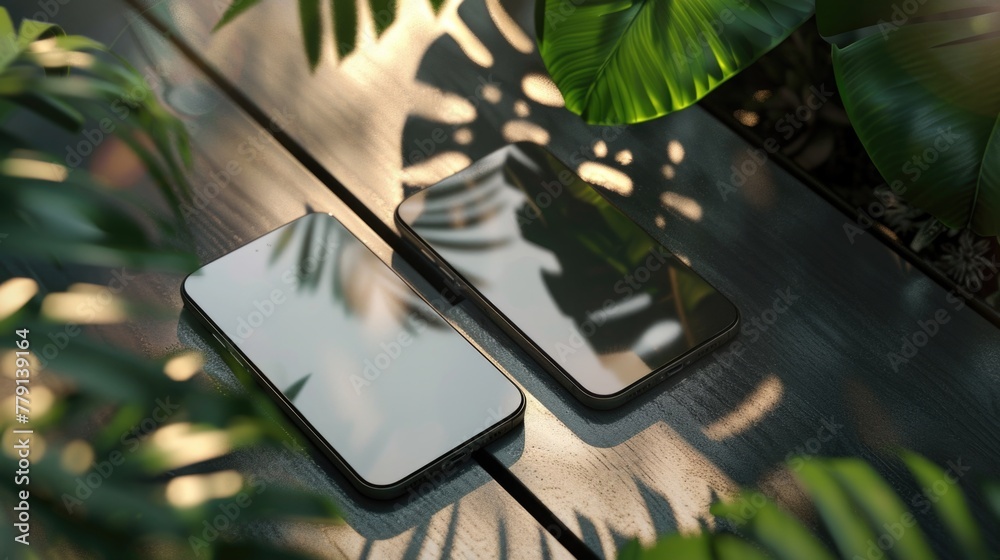Poster two modern cell phones on a rustic wooden table. suitable for technology and communication concepts