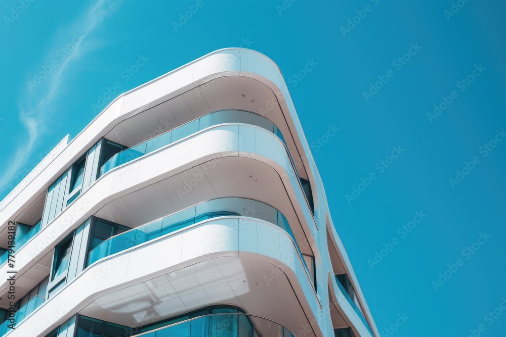 Poster a tall white building with numerous windows and balconies. suitable for architectural concepts