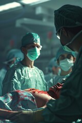 Medical team performing surgery on infant, suitable for healthcare concepts