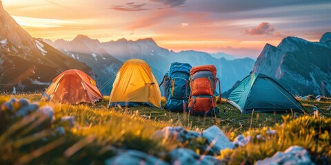 Ready-to-explore nylon tents and backpacks complement the mountain vista during the magic of golden hour. - obrazy, fototapety, plakaty