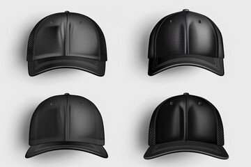 Set of four black baseball caps, perfect for sports or fashion projects - obrazy, fototapety, plakaty