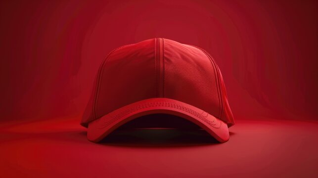 A red baseball cap on a solid red background. Perfect for sports or fashion concepts