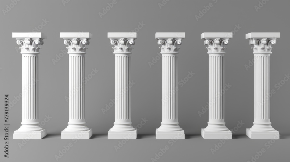 Poster Minimalist image of four white columns against a gray backdrop. Ideal for architectural designs