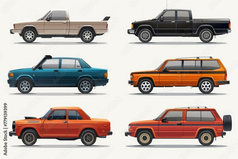 Poster set of four different colored cars on a plain white background. suitable for automotive concepts