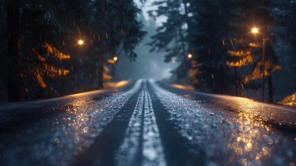 A wet road cutting through a dense forest at night. Perfect for spooky or mysterious themes - obrazy, fototapety, plakaty