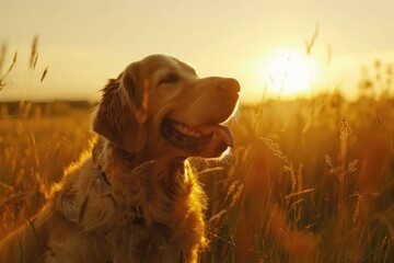 A dog sitting peacefully in a field of tall grass. Suitable for pet and nature themes