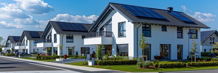 A picturesque row of homes adorned with solar panels on their rooftops, creating a sustainable and energy-efficient environment