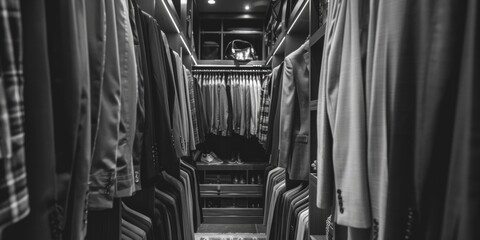 A black and white photo of a closet full of clothes. Suitable for fashion or organization concepts