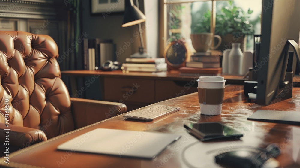 Poster a simple composition of a coffee cup and cell phone on a desk. suitable for business or technology c